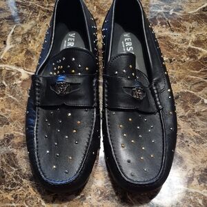 Versace Black Leather Loafers with Gold Studs